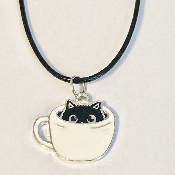 Black Cat Charm Pendant Necklace 16-18" Enamel Coffee Cup Halloween Cat Lady - Picture 3 of 8